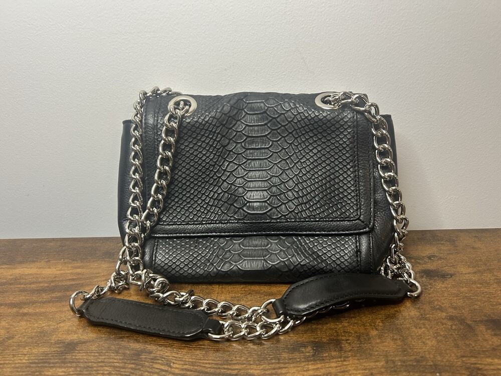 Audrey Brooke Black Croc Embossed Leather Chain Crossbody Shoulder Bag